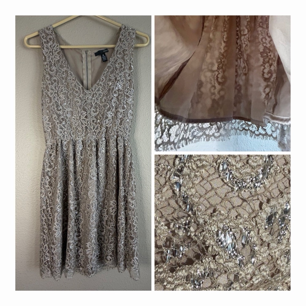 AQUA Metallic Lace V-Neck Cocktail Dress Small Champagne Shimmer Coquette Mini